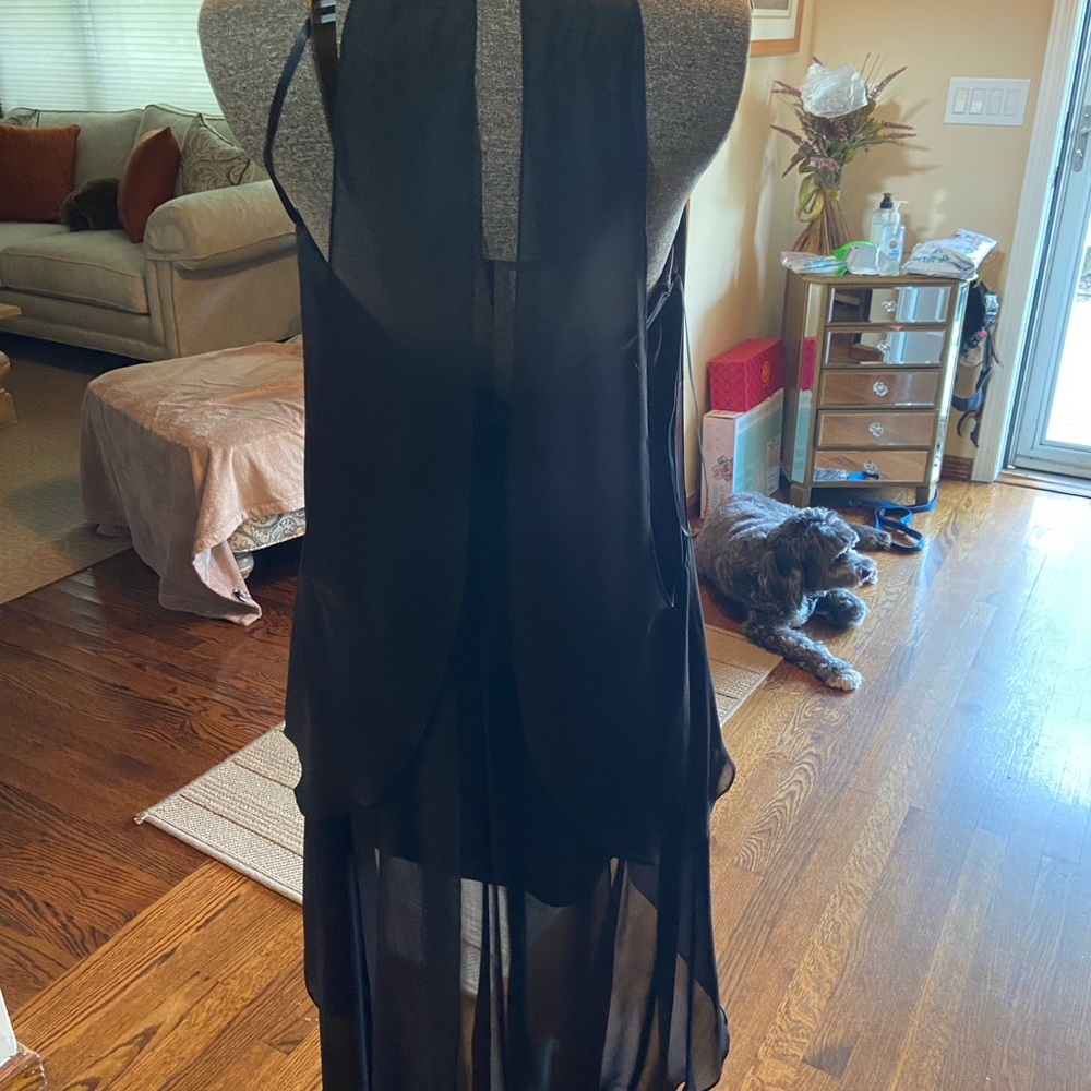 Hi low black chiffon gown , v front